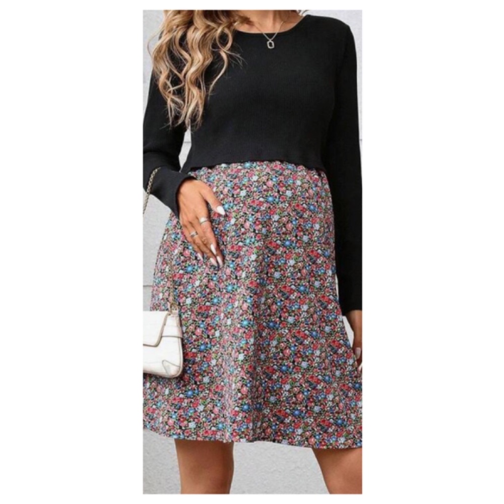 Maternity Floral Print Ribbed Nursing Long Sleeve Dress